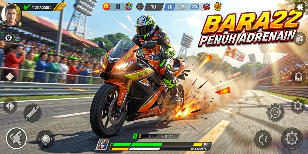 Screenshot gameplay BARA22 menunjukkan balapan motor yang mendebarkan dan penuh aksi.
