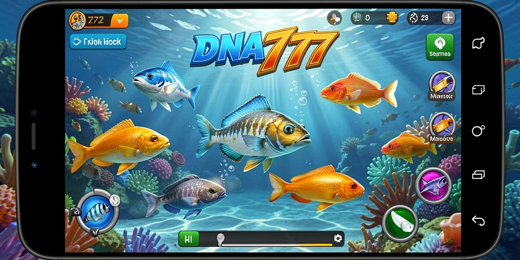 Screenshot utama DNA777 menampilkan serunya gameplay Tembak Ikan.