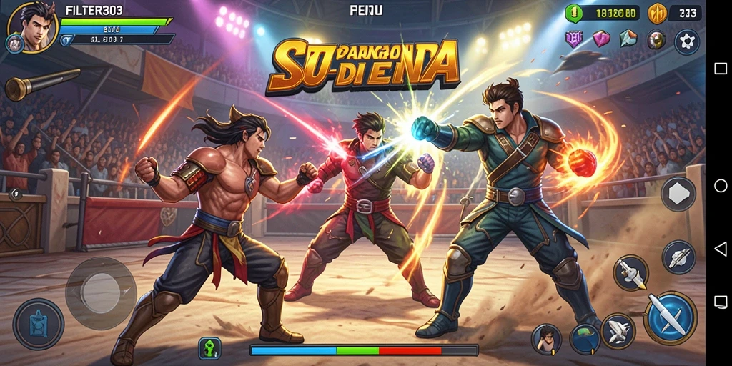 Screenshot menampilkan pertarungan download seru di arena FILTER303.