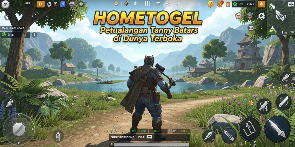 Screenshot gameplay HOMETOGEL menampilkan petualangan di dunia terbuka.