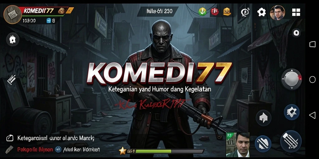 Screenshot utama KOMEDI77 menunjukkan suasana mencekam yang bercampur humor.