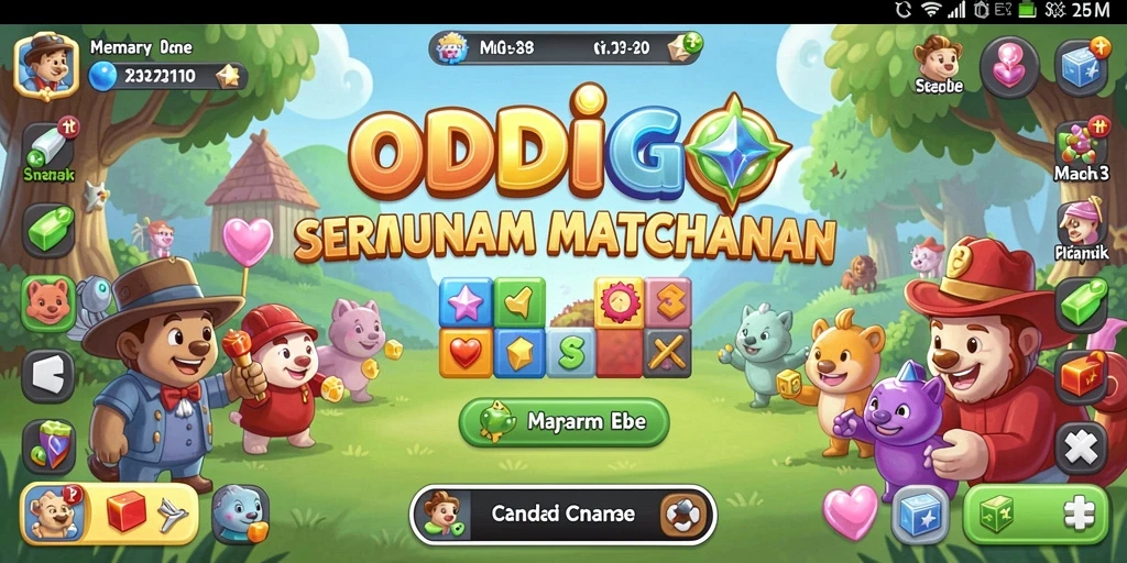 Screenshot utama ODDIGO menampilkan gameplay Match-3 yang penuh warna.