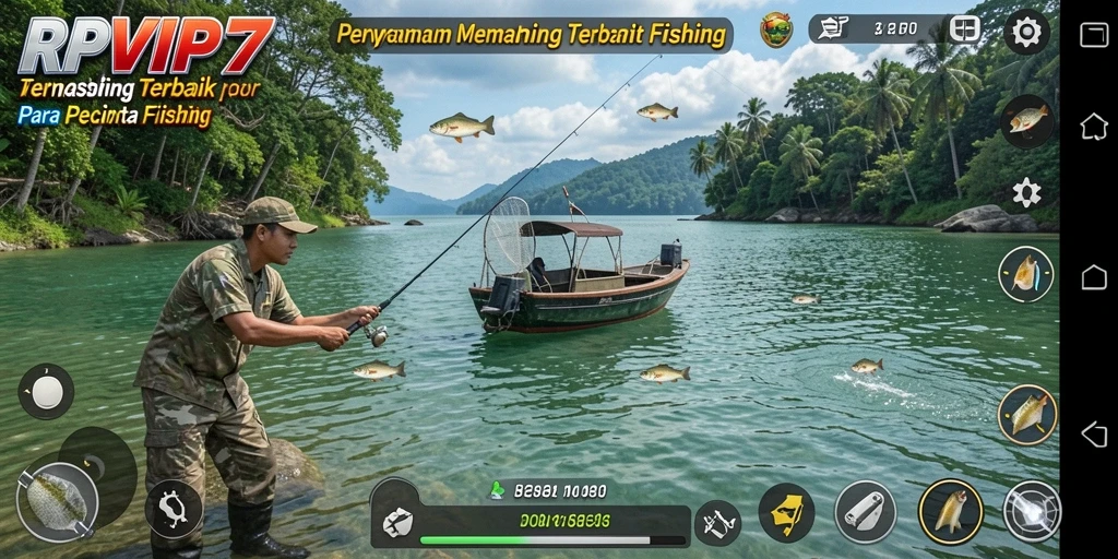 Gambaran gameplay RPVIP7 saat menangkap ikan di danau.
