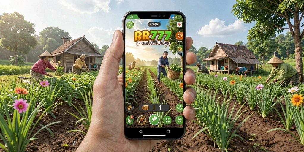 Screenshot gameplay RR777 menunjukkan kebun yang hijau dan subur.