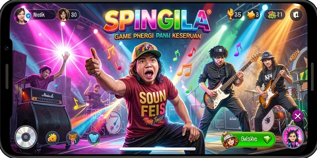 Tangkapan layar SPINGILA menampilkan gameplay musik yang seru dan interaktif.