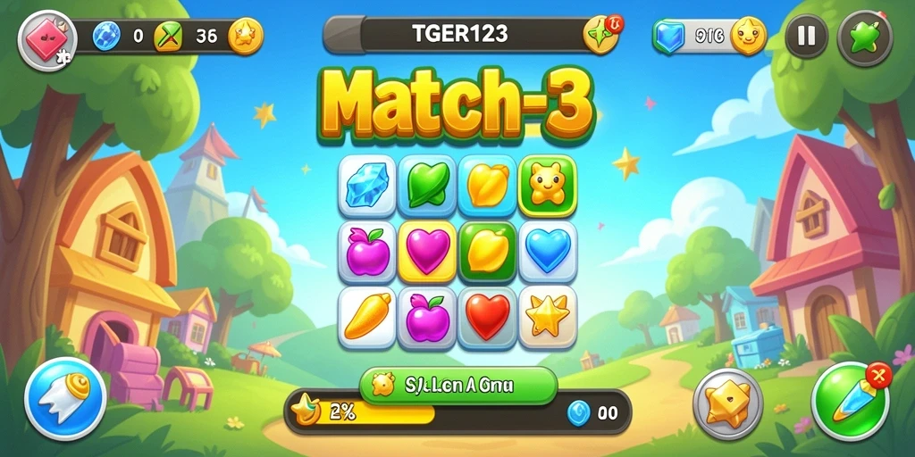 Screenshot TGER123 menampilkan gameplay Match-3 yang penuh warna dan menarik.
